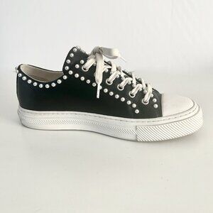 Stuart Weitzman Faux Pearls Embellished Black Leather Sneakers